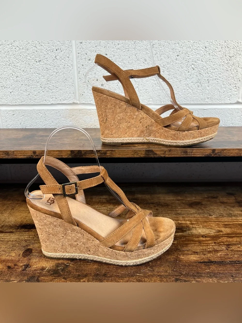 Ugg Sandals Cork Wedge Tan Strappy Women's 7.5